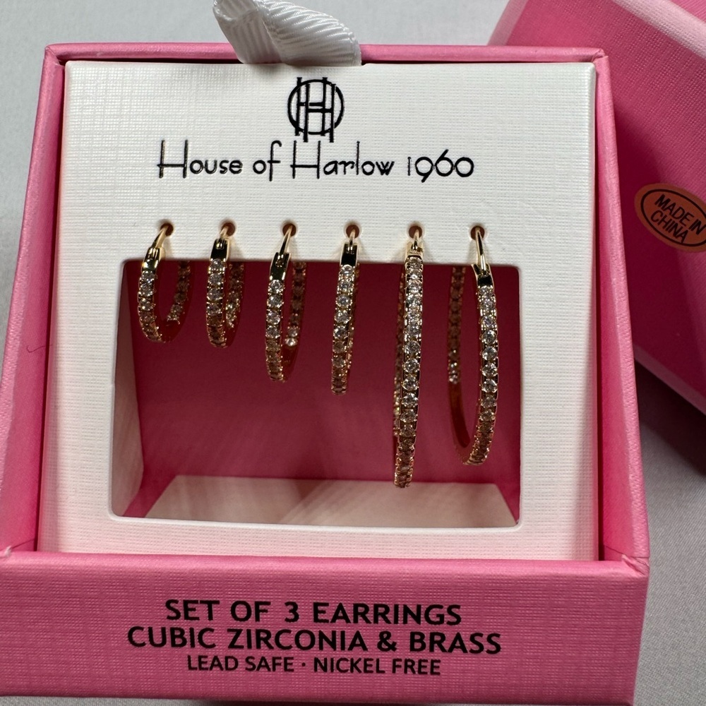 NIB House of Harlow 1960 Gold Cubic Zirconia Earrings Set.